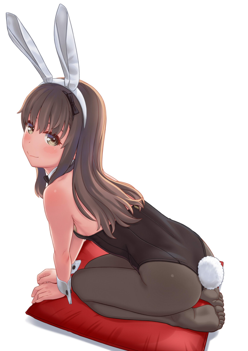 animal_ears aoi_kumiko ass black_bow black_bowtie black_leotard black_pantyhose bow bowtie brown_eyes brown_hair bunny_day cushion detached_collar fake_animal_ears female from_behind highres leaning_forward leotard long_hair original pantyhose playboy_bunny rabbit_ears rabbit_tail seiza simple_background sitting solo strapless strapless_leotard tail white_background wrist_cuffs zabuton