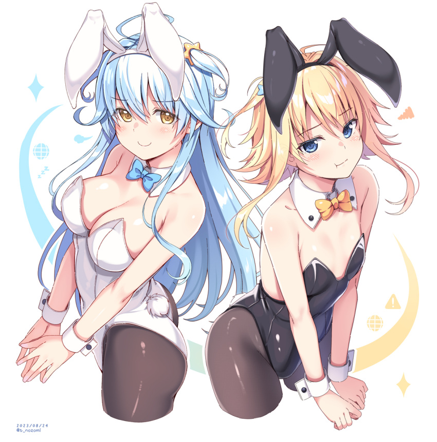 2girls ahoge animal_ears bare_shoulders black_pantyhose blonde_hair blue_eyes blue_hair blush bow bowtie breasts character_request cleavage closed_mouth dated detached_collar fake_animal_ears fake_tail futami_toru highleg highleg_leotard highres indie_virtual_youtuber large_breasts leotard long_hair looking_at_viewer multiple_girls nozomi_tsubame pantyhose playboy_bunny pout rabbit_ears rabbit_tail smile strapless strapless_leotard tail twintails virtual_youtuber white_background white_leotard wrist_cuffs yellow_eyes