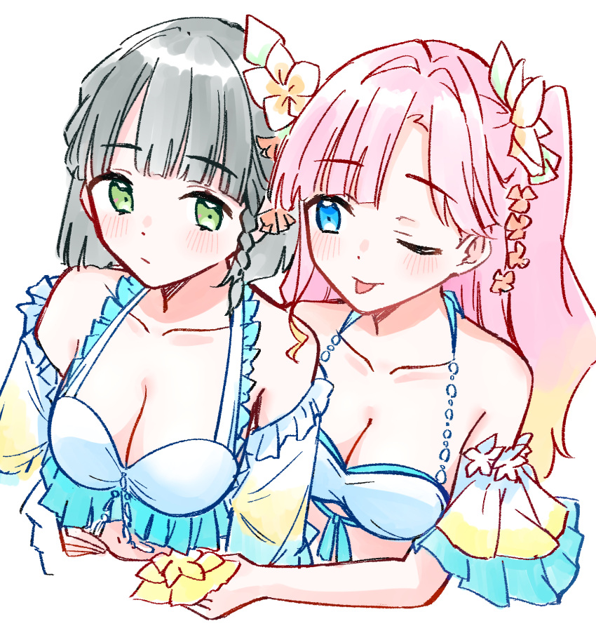 2girls :/ ;p anyoji_hime bikini black_hair blonde_hair blue_eyes blunt_bangs blunt_ends blush braided_sidelock breasts cleavage closed_mouth collarbone commentary cropped_torso english_commentary flower frilled_bikini frills gradient_hair green_eyes hair_flower hair_ornament halterneck hand_on_another's_stomach highres layered_bikini link!_like!_love_live! long_hair looking_at_another love_live! medium_breasts midriff momose_ginko multicolored_hair multiple_girls navel official_alternate_costume official_alternate_hairstyle one_eye_closed one_side_up passion!!!!!!_(love_live!) pink_hair plumeria short_hair simple_background single_sidelock smile swept_bangs swimsuit tongue tongue_out virtual_youtuber white_background white_bikini white_flower zangemiya