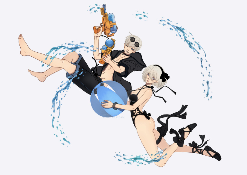 1boy 2b_(nier:automata) 9s_(nier:automata) alternate_costume ass ball beachball black_bow black_hairband black_hoodie black_one-piece_swimsuit black_shorts blue_eyes bow bow_hairband breasts criss-cross_halter eyewear_on_head female groin gun hairband halterneck holding holding_ball holding_beachball holding_gun holding_weapon hood hoodie large_breasts mitsuki_nite navel nier:automata nier_(series) one-piece_swimsuit one_eye_closed open_clothes open_hoodie pectoral_cleavage pectorals short_hair shorts simple_background smile sunglasses swimsuit teeth thigh_strap water water_gun weapon white_background white_hair