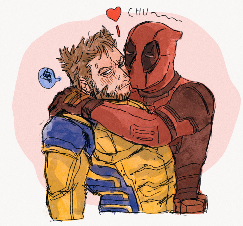 2boys arm_around_neck beard blush bodysuit brown_hair closed_mouth commentary_request deadpool deadpool_&_wolverine deadpool_(series) facial_hair gloves heart highres hug male_focus marvel marvel_cinematic_universe mature_male multiple_boys muscular muscular_male red_bodysuit spoken_squiggle squiggle superhero_costume sweatdrop wolverine_(x-men) x-men yaoi yellow_bodysuit yo_ko_(kkk1211mmm)