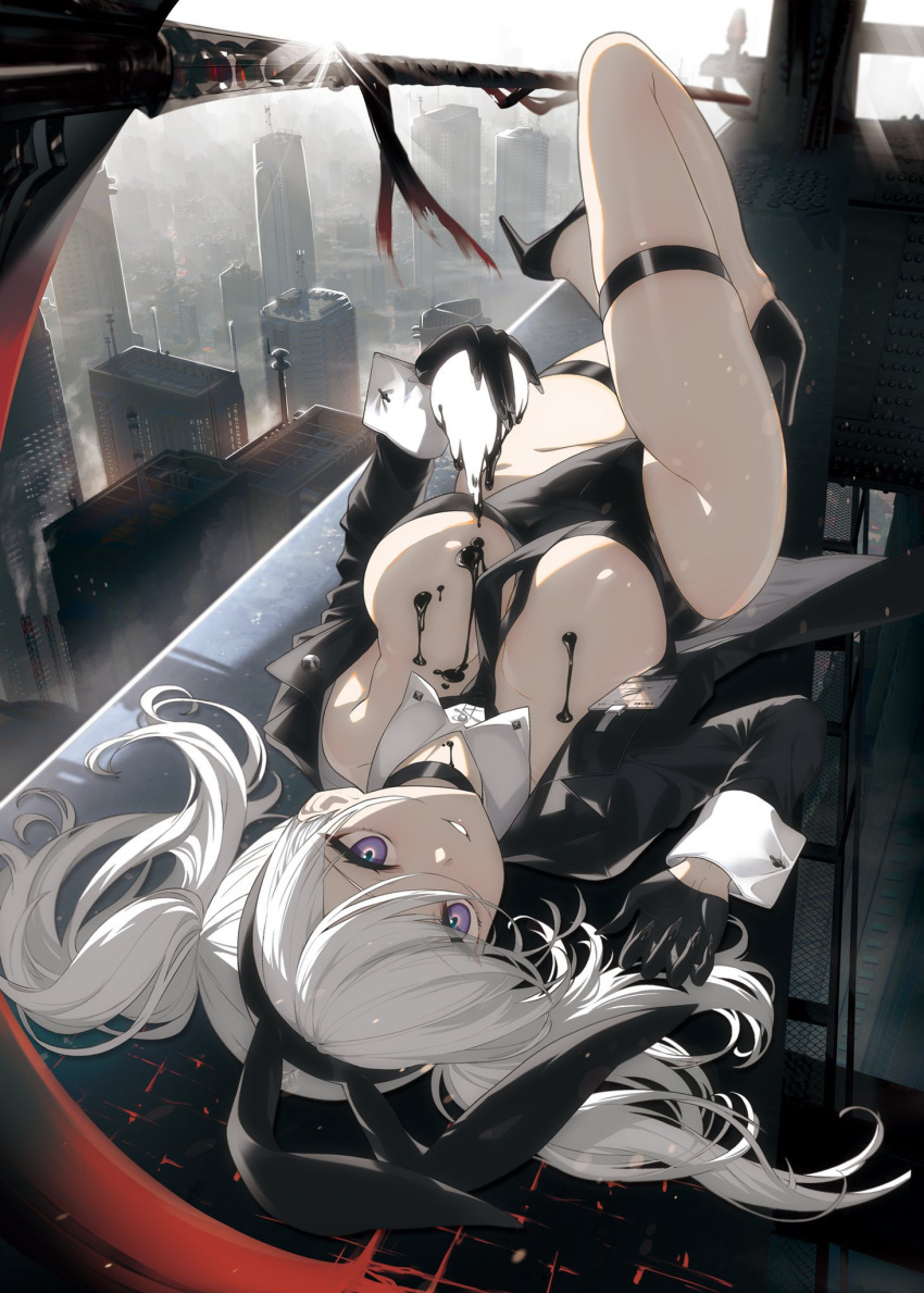 animal_ears black_choker black_gloves black_leotard blush breasts bunny_day calligraphy_brush choker cityscape cleavage detached_collar female gloves high_heels highres ink ink_on_breast large_breasts leotard long_hair long_sleeves looking_at_viewer original paintbrush playboy_bunny purple_eyes rabbit_ears solo thigh_strap tokiti white_hair wrist_cuffs