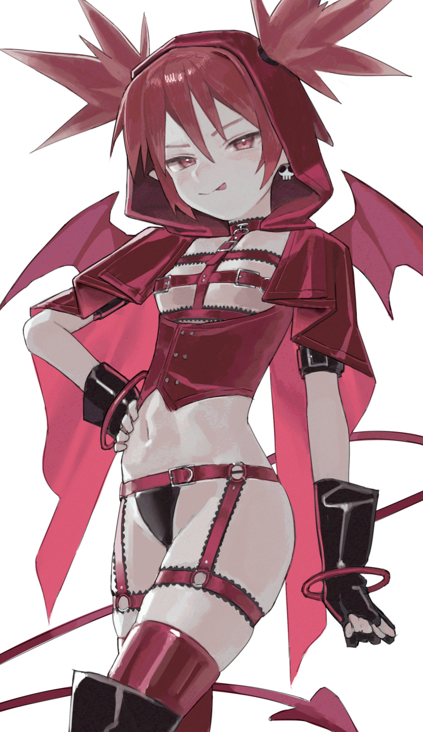 absurdres alternate_costume black_gloves cape collar commission demon_tail disgaea earrings etna_(disgaea) female fingerless_gloves garter_straps gloves hand_on_own_hip highres hood hood_up hooded_cape jewelry lingerie looking_at_viewer navel o-ring o-ring_bottom red_cape red_collar red_eyes red_hair saaal653 simple_background skull_earrings smug solo spiked_hair standing tail tongue tongue_out underwear white_background