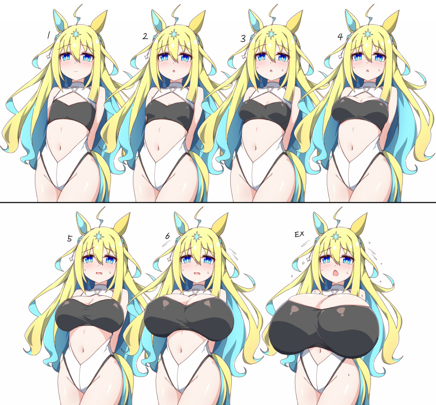 ahoge alternate_costume animal_ears arms_behind_back blonde_hair blue_eyes blush breast_expansion breasts commentary_request female hair_between_eyes hair_ornament highres hiro_(pqtks113) horse_ears horse_tail huge_breasts large_breasts looking_at_viewer medium_breasts multicolored_hair navel neo_universe_(umamusume) open_mouth simple_background small_breasts solo sweat tail two-tone_hair umamusume white_background