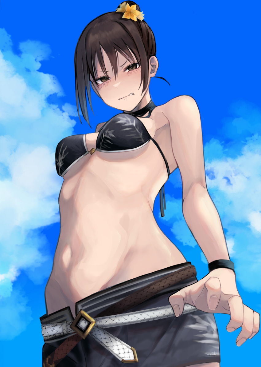 absurdres belt bikini bikini_top_only black_choker black_hair blue_sky blush breasts brown_eyes choker cleft_of_venus clenched_teeth cloud from_below hair_between_eyes hair_bun highres long_hair looking_at_viewer medium_breasts navel shorts single_hair_bun sky swimsuit taki.k teeth underboob