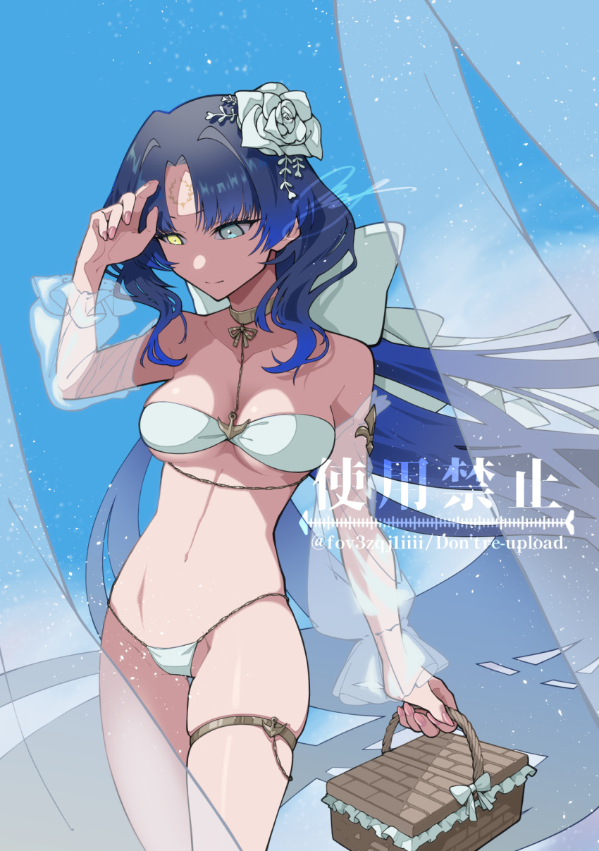 azur_lane basket bikini black_hair blue_eyes blue_hair bow breasts closed_mouth detached_sleeves facial_mark female flower forehead_mark frilled_sleeves frills gradient_hair groin hair_flower hair_ornament hairbow hand_up highres holding holding_basket long_hair medium_breasts mglubino multicolored_hair navel official_alternate_costume parted_bangs pink_nails roma_(azur_lane) roma_(vacation_upon_the_tiber)_(azur_lane) see-through see-through_sleeves signature skindentation solo stomach swimsuit thigh_gap thigh_strap twitter_username very_long_hair white_bikini white_bow white_flower yellow_eyes