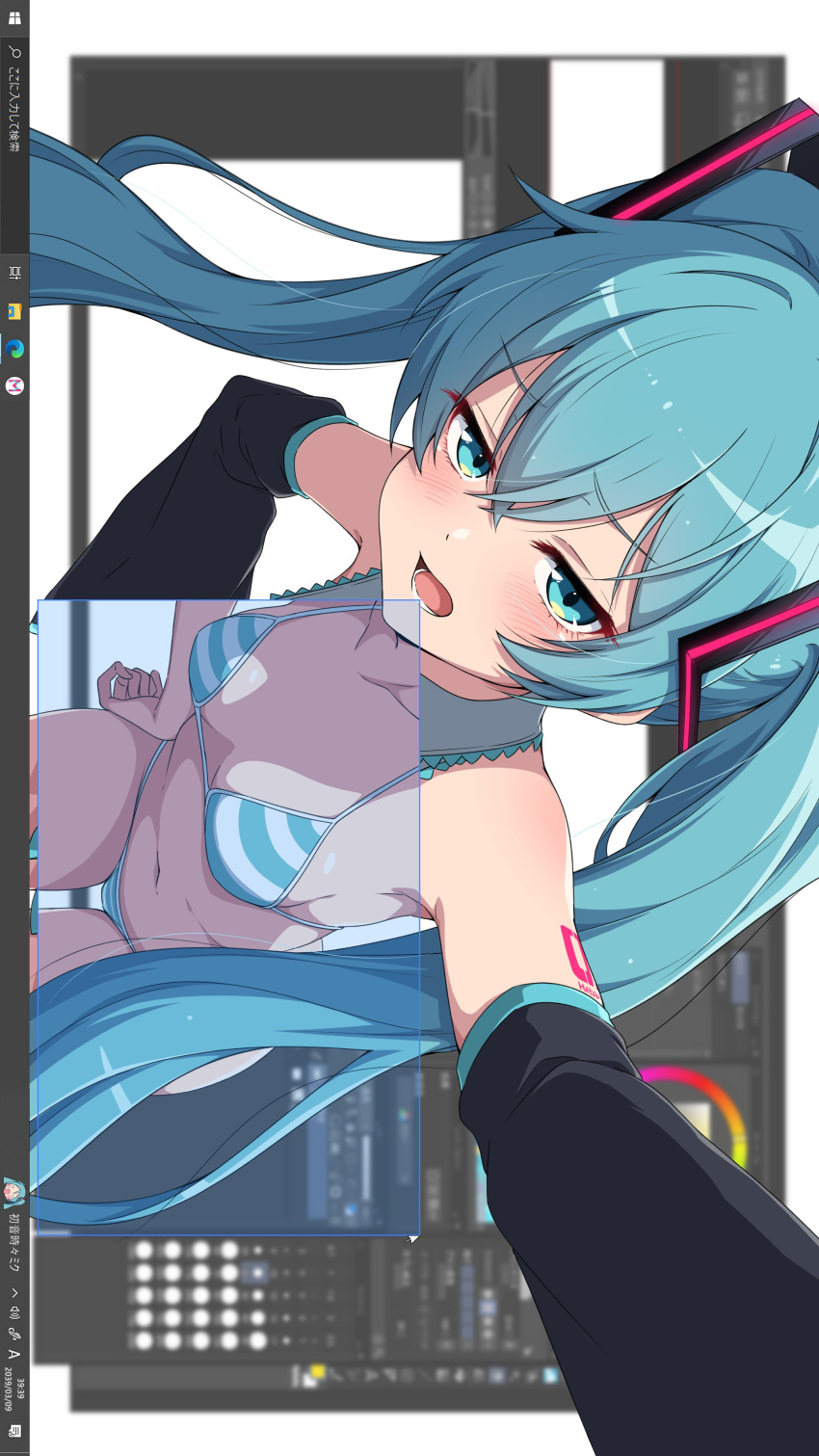 absurdres aqua_eyes aqua_hair art_program_in_frame bikini black_sleeves detached_sleeves fake_screenshot female fourth_wall hair_between_eyes half-closed_eyes hatsune_miku highres long_hair looking_at_viewer microsoft_windows navel nishizuki_shino number_tattoo open_mouth photoshop_(medium) sideways striped_bikini striped_clothes swimsuit taskbar tattoo teeth twintails very_long_hair vocaloid