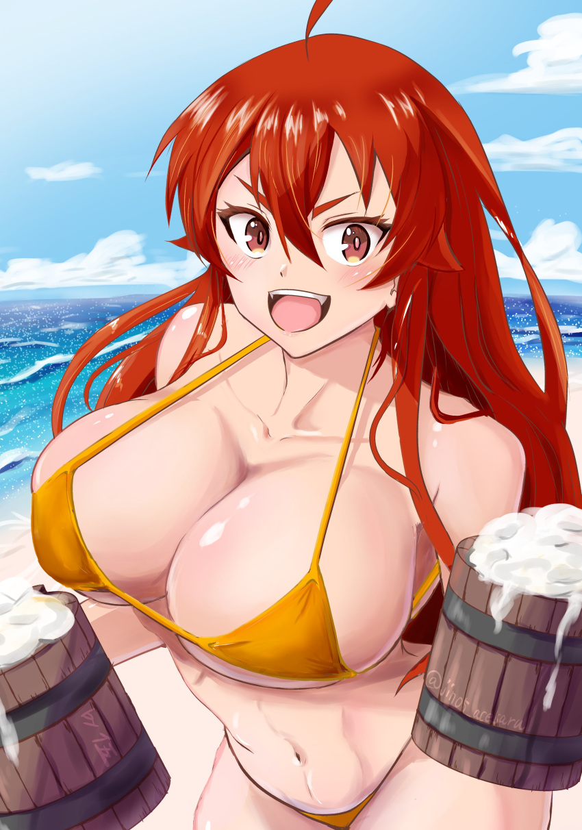 absurdres acesaru bikini breasts cleavage cup day eris_greyrat female hair_between_eyes highres holding holding_cup large_breasts long_hair mushoku_tensei navel ocean open_mouth red_eyes red_hair smile solo stomach string_bikini swimsuit thick_eyebrows yellow_bikini