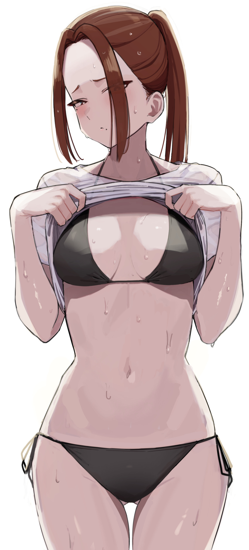 absurdres ass_visible_through_thighs ayatak0517 bikini black_bikini breasts brown_eyes brown_hair clothes_lift female highres komi-san_wa_komyushou_desu medium_breasts mole mole_under_eye navel onemine_nene ponytail see-through see-through_shirt shirt shirt_lift side-tie_bikini_bottom sidelocks simple_background solo swimsuit wet wet_clothes white_background