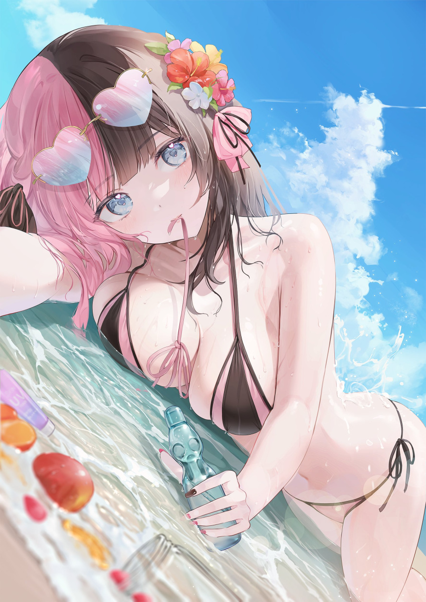 absurdres bikini blue_eyes blue_sky blunt_bangs blush bottle bow breast_press breasts brown_bikini brown_bow brown_hair brown_nails brown_ribbon cloud eyewear_on_head female flower food fruit hair_flower hair_ornament hairbow highres holding holding_bottle large_breasts lens_flare long_hair looking_at_viewer lying mouth_hold multicolored_hair multicolored_nails nakashima_(pluscolor) on_stomach pink_bikini pink_bow pink_hair pink_nails pink_ribbon ramune reaching reaching_towards_viewer ribbon round_eyewear side-tie_bikini_bottom sky solo split-color_hair strap_gap string_bikini sunglasses swimsuit tachibana_hinano_(vtuber) two-tone_bikini two-tone_hair virtual_youtuber vspo! water waves wet wet_hair