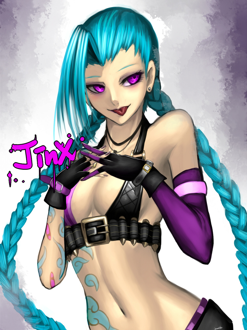 :p aqua_hair arm_tattoo asymmetrical_gloves bad_id bad_pixiv_id bandolier bare_shoulders belt bikini bikini_top_only black_bikini blush braid breasts bullet_tattoo character_name chinese_commentary cloud_tattoo commentary_request earrings eyelashes female fingerless_gloves gloves highres jewelry jinx_(league_of_legends) kumiko_shiba league_of_legends long_hair medium_breasts midriff mismatched_gloves nail_polish naughty_face navel necklace purple_eyes single_sleeve smile solo steepled_fingers swimsuit tattoo tongue tongue_out twin_braids very_long_hair