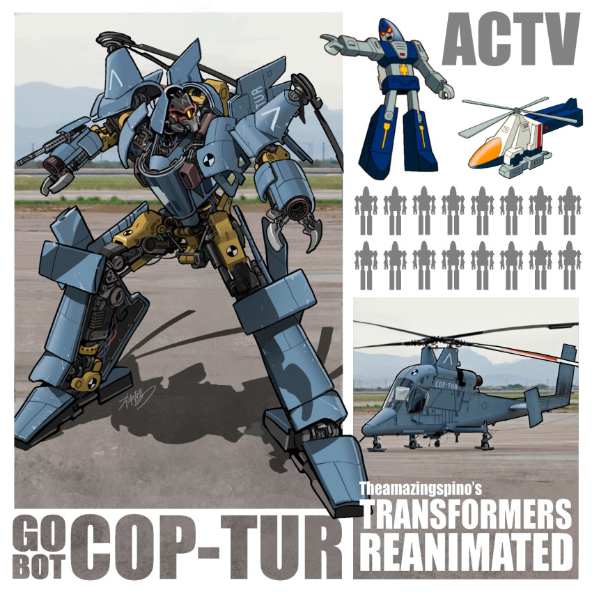 1980s_(style) aircraft arm_cannon chain_gun character_name cop-tur english_commentary gobots helicopter highres kamitoge_supino machine_robo mecha military multiple_views no_humans official_art official_style one-eyed open_hands orange_eyes original pointing promotional_art propeller red_eyes redesign retro_artstyle robot scan silhouette transformers weapon