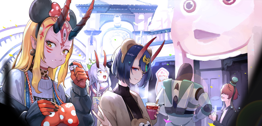 2boys 3girls alien_(toy_story) alternate_costume amusement_park blonde_hair blush bob_cut breasts buzz_lightyear casual coat commentary_request confetti contemporary cup day disneyland earrings eating eyeshadow facial_mark fate/grand_order fate_(series) fuuma_kotarou_(fate) gem green_gemstone hair_between_eyes hair_ornament hair_ribbon highres holding holding_cup horns ibaraki_douji_(fate) jacket jewelry kagawa_ichigo long_hair looking_at_viewer makeup minnie_mouse_ears multiple_boys multiple_girls oni open_clothes open_mouth outdoors pointy_ears ponytail purple_eyes purple_hair red_eyes ribbon scarf sheriff_woody short_hair shuten_douji_(fate) sidelocks skin-covered_horns small_breasts smile sweater tattoo tomoe_gozen_(fate) toy_story turtleneck turtleneck_sweater v yellow_eyes