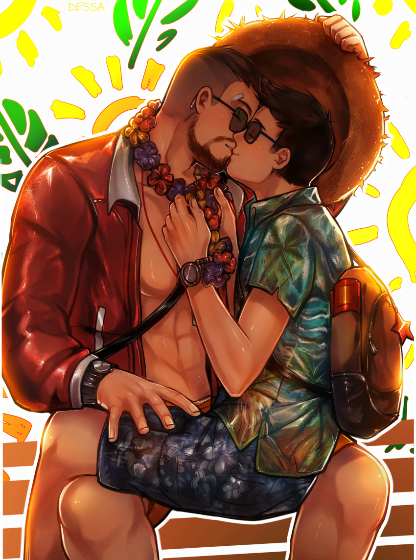 2boys abs bara beard black_hair blue_male_swimwear blue_shirt closed_eyes commission david_king_(dead_by_daylight) dead_by_daylight dessa_nya dwight_fairfield facial_hair flower flower_necklace hat hawaiian_shirt highres holding holding_clothes holding_hat hooked_on_you jacket large_pectorals male_focus male_swimwear multiple_boys muscular muscular_male official_alternate_costume open_clothes open_jacket pectorals red_jacket shirt short_hair sitting sitting_on_lap sitting_on_person straw_hat sunglasses unworn_hat unworn_headwear watch wristwatch