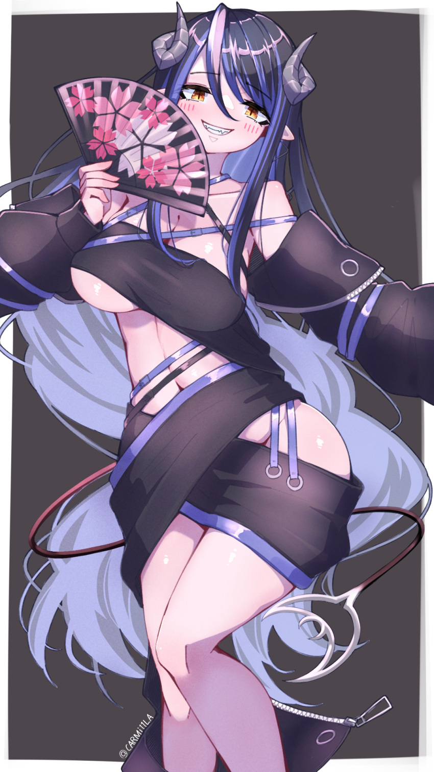 bandeau belt black_bandeau black_belt black_hair black_jacket black_skirt blue_belt blue_hair blush breasts brown_eyes carmi11la chest_belt cleavage commentary_request curled_horns demon_girl demon_horns demon_tail feet_out_of_frame female folding_fan grey_background grey_horns grin hair_between_eyes hand_fan hebiyoi_tier hebiyoi_tier_(1st_costume) highres hip_vent holding holding_fan horns jacket large_breasts long_hair long_sleeves looking_at_viewer multicolored_hair nanashi_inc. navel off_shoulder open_clothes open_jacket pointy_ears sidelocks skirt smile solo standing tail two-tone_hair very_long_hair virtual_youtuber white_background