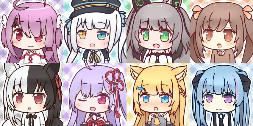 6+girls ahoge alice_mana animal_ear_fluff animal_ears black_hair blonde_hair blue_eyes blue_hair brown_hair chigusa_hana creator_connection ena_(paryi_project) hair_ornament hair_ribbon hanazono_serena hat heterochromia highres indie_virtual_youtuber kagura_gumi kagura_mea korean_commentary long_hair military_hat morinaga_miu multicolored_hair multiple_girls one_eye_closed open_mouth paryi_project peaked_cap purple_hair red_eyes red_ribbon ribbon takatsuki_ritsu tsukimiya_yuuko twintails two-tone_hair virtual_youtuber white_hair yumeno_shiori