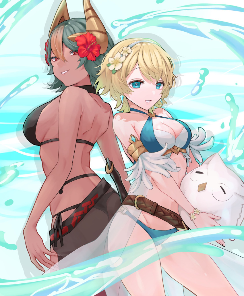 2girls ass back-to-back bikini black_one-piece_swimsuit blue_bikini blue_eyes breasts casual_one-piece_swimsuit character_doll commentary criss-cross_halter dark-skinned_female dark_skin fake_horns feather_trim feh_(fire_emblem_heroes) fire_emblem fire_emblem_heroes fjorm_(fire_emblem) fjorm_(summer)_(fire_emblem) flower green_hair hair_flower hair_ornament halterneck highres horns inflatable_toy laegjarn_(fire_emblem) laegjarn_(summer)_(fire_emblem) large_breasts medium_breasts multicolored_hair multiple_girls official_alternate_costume one-piece_swimsuit orange_hair red_eyes sakura_no_yoru sarong short_hair smile swimsuit teeth