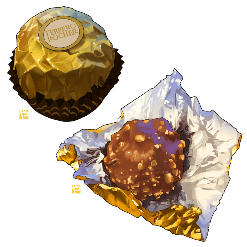 candy candy_wrapper chocolate close-up english_commentary ferrero_rocher foil food food_focus no_humans real_life shiny simple_background still_life studiolg sweets white_background wrapped_candy