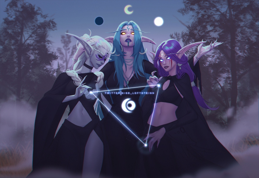 3girls aqua_hair black_skirt braid breasts closed_eyes colored_skin commentary crescent_moon earrings elf english_commentary facial_mark forehead_mark full_moon glowing glowing_eyes hair_over_shoulder hand_on_another's_head highres jewelry lips long_eyebrows long_skirt magic medium_breasts midriff moon multiple_girls multiple_moons navel night night_elf_(warcraft) nise_loftsteinn no_pupils parted_bangs pendant player_character_(wow) pointy_ears purple_hair purple_lips purple_skin side_slit skirt small_breasts twitter_username warcraft white_hair wide_sleeves world_of_warcraft yellow_eyes