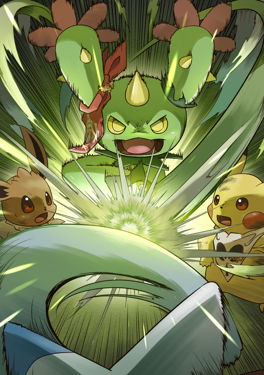 absurdres clothed_pokemon eevee highres maractus no_humans open_mouth pikachu plant_monster pokemon pokemon_(creature) pokemon_mystery_dungeon yamaori_(hakkentai_pokedan)