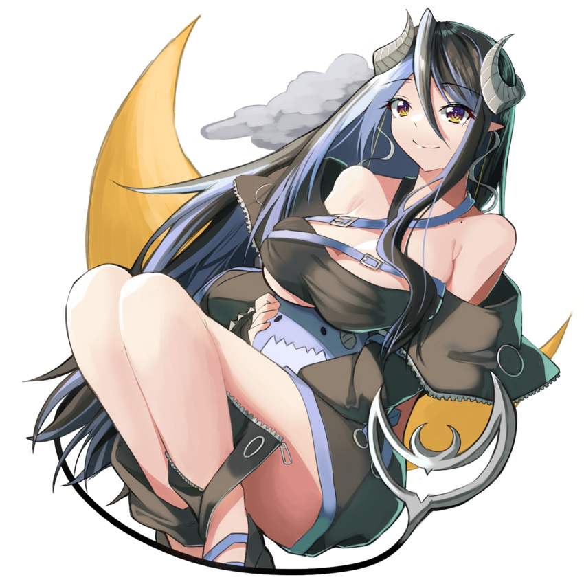 bandeau belt black_bandeau black_belt black_footwear black_hair black_jacket black_skirt blue_belt blue_hair breasts brown_eyes chest_belt cleavage closed_mouth commentary_request crescent_moon curled_horns demon_girl demon_horns demon_tail female full_body grey_horns hair_between_eyes hebiyoi_tier hebiyoi_tier_(1st_costume) highres horns jacket large_breasts long_bangs long_hair long_sleeves looking_at_viewer moon multicolored_hair nanashi_inc. off_shoulder open_clothes open_jacket pointy_ears shiranui_enki shoes sidelocks simple_background skirt smile snake_bite solo tail transparent_background two-tone_hair virtual_youtuber