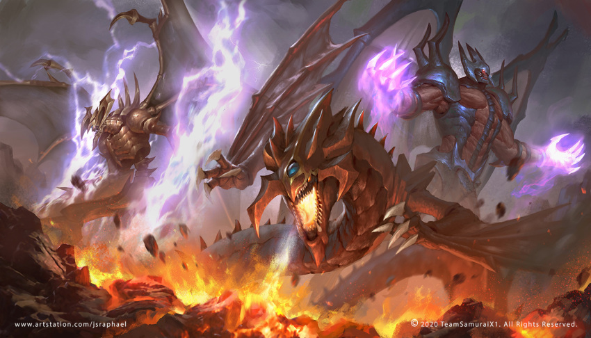 battle claws demon dragon duel_monster electricity english_commentary fire hamon_lord_of_striking_thunder joshua_raphael lightning monster no_humans open_mouth raviel_lord_of_phantasms sharp_teeth sky teeth uria_lord_of_searing_flames watermark web_address wings yu-gi-oh!