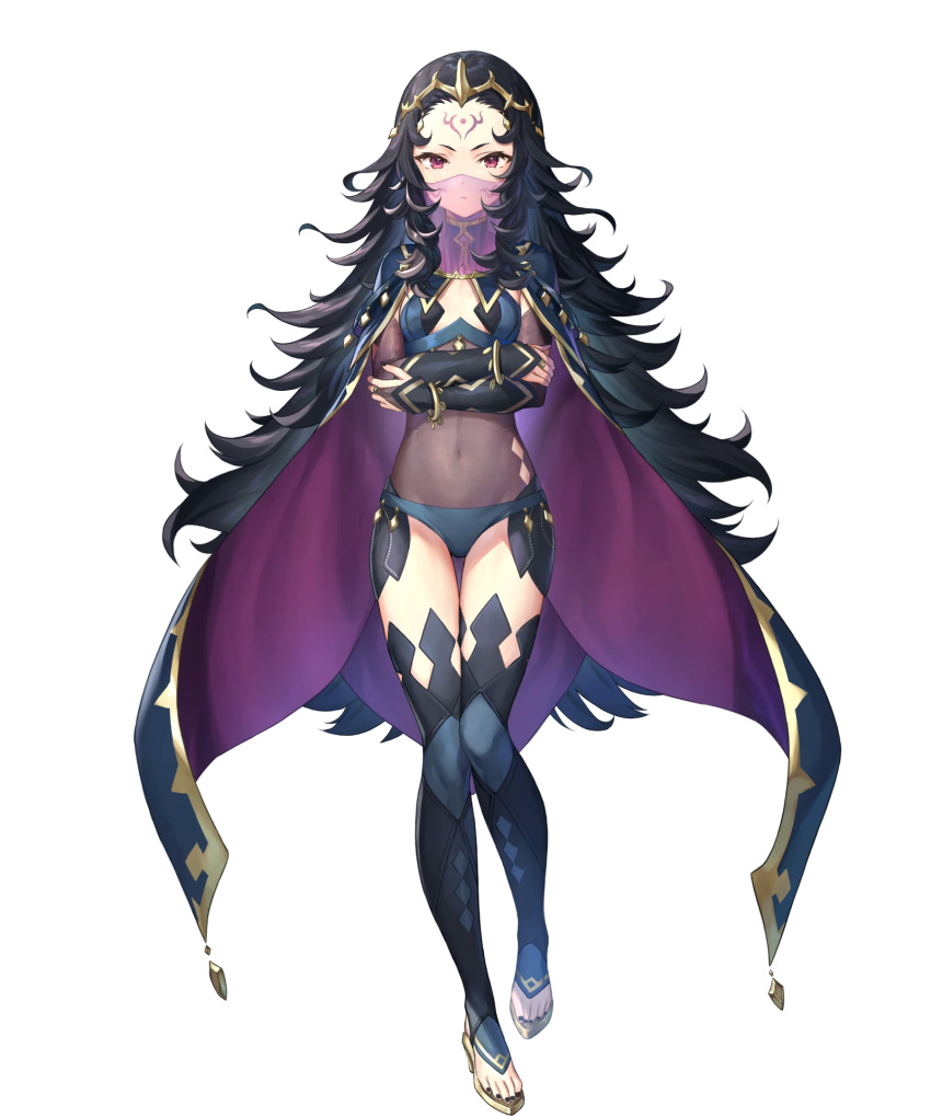 black_hair bodystocking bracelet breasts bridal_gauntlets cape closed_mouth covered_navel crossed_arms expressionless facial_mark female fingernails fire_emblem fire_emblem_fates fire_emblem_heroes forehead_mark full_body hair_ornament highres jewelry kousei_horiguchi long_hair looking_at_viewer mouth_veil nail_polish non-web_source nyx_(fire_emblem) official_art red_eyes see-through small_breasts solo standing thighhighs tiara toeless_footwear transparent_background turtleneck veil