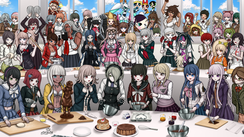 6+girls :d :o absurdres ahoge akamatsu_kaede alternate_hairstyle ando_ruruka animal_ears apron art_shift asahina_aoi ayakashi_yomogi bag baking black_gloves black_hair black_nails black_ribbon black_shirt blazer blonde_hair blossom_(ppg) blue_eyes blue_hair blush bonnet bow bowl braid breasts brown_hair bubbles_(ppg) buttercup_(ppg) cabbie_hat cake celestia_ludenberg chabashira_tenko character_request chocolate chocolate_making clenched_hands closed_mouth cloud collared_shirt commentary_request cooking copyright_request cream cream_on_face crossover danganronpa/zero danganronpa:_trigger_happy_havoc danganronpa_(series) danganronpa_2:_goodbye_despair danganronpa_3_(anime) danganronpa_another_episode:_ultra_despair_girls danganronpa_kirigiri danganronpa_v3:_killing_harmony dark-skinned_female dark_skin day dough dress_shirt drill_hair enoshima_junko food food_on_face frills fukawa_toko galaga genocider_shou genshin_impact glasses gloves gothic_lolita green_eyes green_hair grey_hair hagakure_hiroko hair_between_eyes hair_horns hair_ornament hair_ribbon hair_scrunchie hairband hairbow hairclip hands_up harukawa_maki hat heart high_ponytail highres holding holding_knife iruma_miu jacket kamii_tsubasa kashiki_suzuko kimura_seiko kirigiri_kyoko kisaragi_karen_(danganronpa) kitchen_knife klee_(genshin_impact) knife kuzuryu_natsumi large_breasts lighter-than-air_pancake_(genshin_impact) lion_ears lolita_fashion long_hair long_sleeves long_tongue looking_at_viewer low_twintails maizono_sayaka mask mechanical_arms mioda_ibuki mixing_bowl mole mole_under_mouth monokuma mouth_mask multicolored_hair multiple_crossover multiple_girls musical_note musical_note_hair_ornament naegi_komaru nanami_chiaki navel neck_ribbon necktie nishizawa_kiriko ogami_sakura open_mouth orange_hair orange_ribbon otonashi_ryouko over_shoulder owari_akane pancake parody pekoyama_peko piercing pink_bow pink_eyes pink_hair pink_shirt pink_skirt plaid plaid_skirt pleated_skirt pointing pointy_ears ponytail powerpuff_girls purple_eyes purple_hair red_bow red_eyes red_hair red_headwear red_jacket red_ribbon red_scrunchie ribbon sailor_collar saionji_hiyoko samidare_yui santoku_knife scarf school_uniform scrunchie serafuku shirogane_tsumugi shirt short_hair side_braid skirt smile sonia_nevermind squirrel statue stomach style_parody tojo_kirumi tongue towa_monaca tsumiki_mikan twin_braids twin_drills twintails umesawa_aiko usami_(danganronpa) utsugi_kotoko white_bow white_hair white_ribbon white_shirt yonaga_angie yukizome_chisa yumeno_himiko