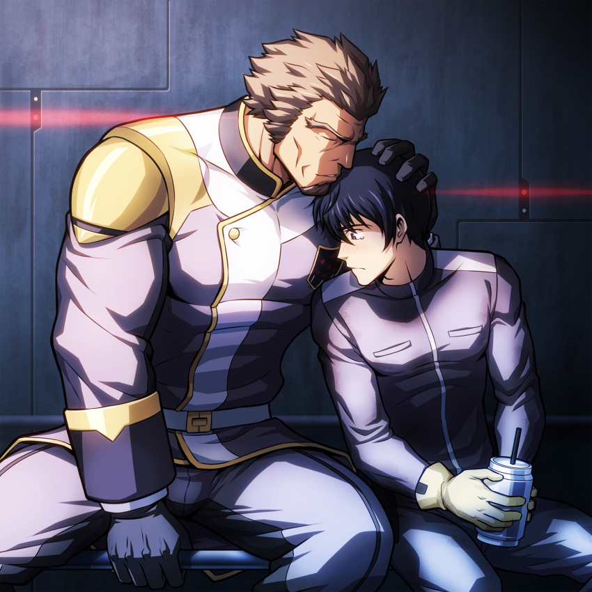 2boys bara beard belt blush building collared_shirt crank_zent ein_dalton facial_hair gloves gundam gundam_tekketsu_no_orphans hand_on_another's_head head_kiss highres large_pectorals male_focus manboobs mature_male multiple_boys muscular muscular_male pants pectorals shirt sitting tight_clothes wrinkled_skin yaoi zelo-lee