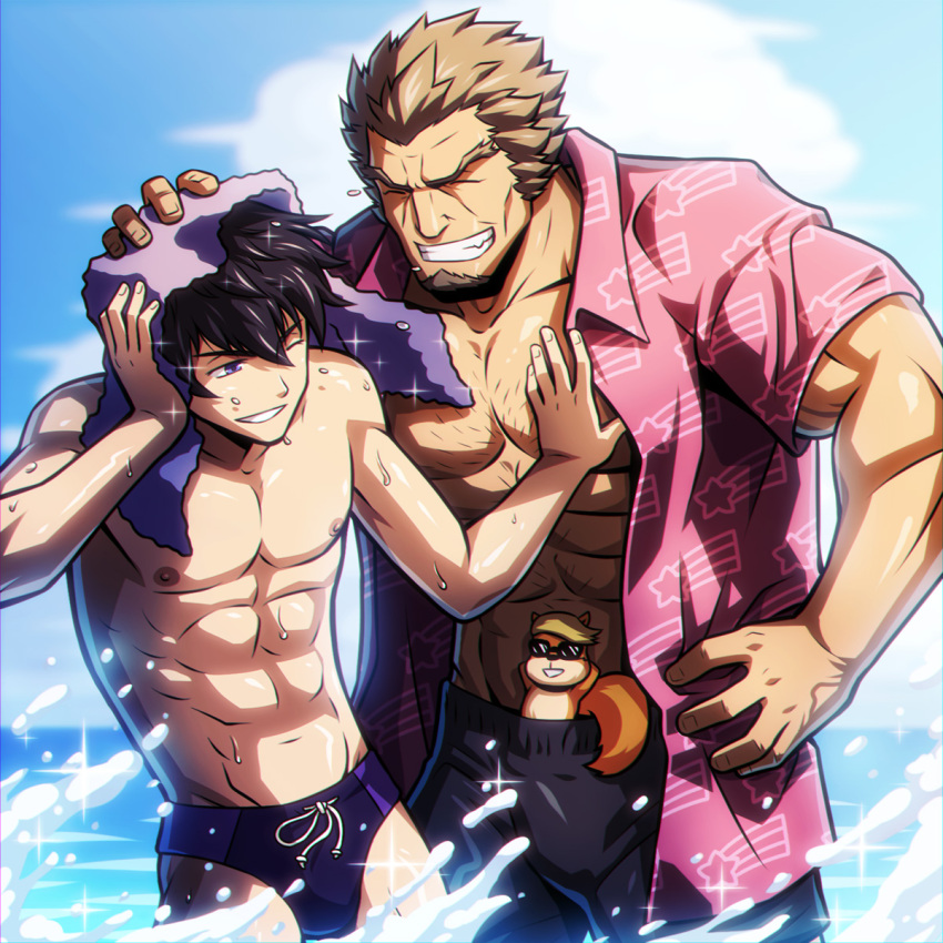 2boys abs bara beard bikini_briefs blue_sky body_hair crank_zent ein_dalton facial_hair gundam gundam_tekketsu_no_orphans highres large_pectorals male_focus male_swimwear male_underwear manboobs mature_male mobile_suit_gundam multiple_boys muscular muscular_male ocean outdoors pectoral_cleavage pectorals shirt shorts sky smile squirrel swim_briefs topless_male towel underwear water wrinkled_skin zelo-lee