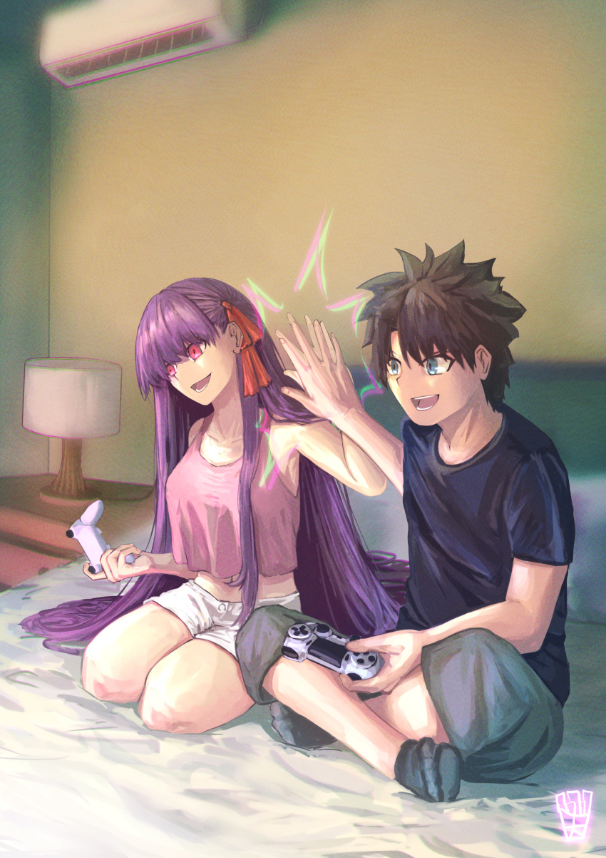 1boy absurdres air_conditioner bare_shoulders bb_(fate) bb_(fate/extra) bed black_shirt blue_eyes brown_hair collarbone commentary_request commission contemporary controller desk_lamp dualshock fate/extra fate/extra_ccc fate/grand_order fate_(series) female fujimaru_ritsuka_(male) full_body game_controller gamepad grey_footwear grey_shorts hair_ribbon high_five highres holding holding_controller holding_game_controller indian_style indoors kneeling lamp light_purple_hair long_hair midriff nightstand on_bed ootato open_mouth pink_eyes pink_shirt pink_tank_top playing_games playstation_controller red_ribbon ribbon shirt short_hair short_sleeves shorts sitting smile socks spiked_hair t-shirt tank_top thighs very_long_hair white_shorts