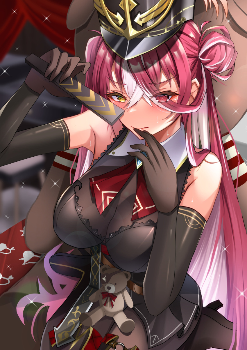 ascot bare_shoulders black_gloves black_leotard blush breasts cleavage colored_inner_hair elbow_gloves female gloves hair_bun heterochromia highres hololive houshou_marine houshou_marine_(marching_band) large_breasts leotard long_hair looking_at_viewer multicolored_hair official_alternate_hair_length official_alternate_hairstyle pink_hair red_ascot red_eyes red_hair see-through see-through_cleavage solo streaked_hair very_long_hair virtual_youtuber yellow_eyes zacky