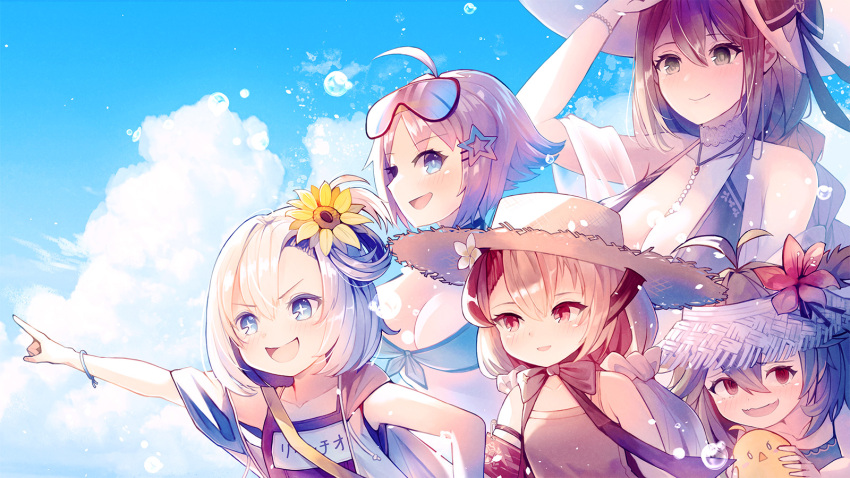 5girls ahoge antenna_hair aquila_(a_sip_of_sardegnian_elegance)_(azur_lane) aquila_(azur_lane) azur_lane bad_id bad_twitter_id blue_eyes blue_sky braid breasts cleavage cloud cloudy_sky flat_chest flower goggles goggles_on_head hair_flower hair_ornament hat highres large_breasts libeccio_(azur_lane) libeccio_(beachbound_southwestern_wind!)_(azur_lane) long_hair maestrale_(azur_lane) maestrale_(lonesome_beachfarer)_(azur_lane) manjuu_(azur_lane) medium_hair multiple_girls nicoloso_da_recco_(azur_lane) nicoloso_da_recco_(to_a_smashing_voyage!)_(azur_lane) official_alternate_costume outdoors pointing pointing_forward red_eyes sea_nami short_hair sky star_(symbol) star_hair_ornament straw_hat swimsuit torricelli_(azur_lane) torricelli_(shady_seaside)_(azur_lane)