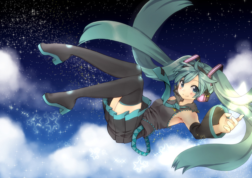 black_thighhighs blush boots commentary_request detached_sleeves female green_eyes green_hair hatsune_miku headphones headset ichinose_natsuki long_hair looking_at_viewer necktie night pleated_skirt skirt sky smile solo star_(sky) star_(symbol) thigh_boots thighhighs twintails very_long_hair vocaloid wide_sleeves