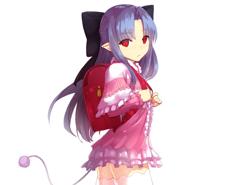 apo_(apos2721) backpack bag black_bow blue_hair bow capelet center_frills closed_mouth commentary_request cosplay cowboy_shot dress female frilled_dress frilled_skirt frilled_sleeves frills fur-trimmed_capelet fur_trim hair_intakes hairbow half_updo highres holding_strap kagetsu_tooya kanna_kamui kanna_kamui_(cosplay) kobayashi-san_chi_no_maidragon len_(tsukihime) long_hair long_sleeves looking_at_viewer melty_blood parted_bangs pink_dress profile randoseru red_eyes revision short_dress skirt slit_pupils solo tail thighhighs tsukihime white_background white_thighhighs zettai_ryouiki