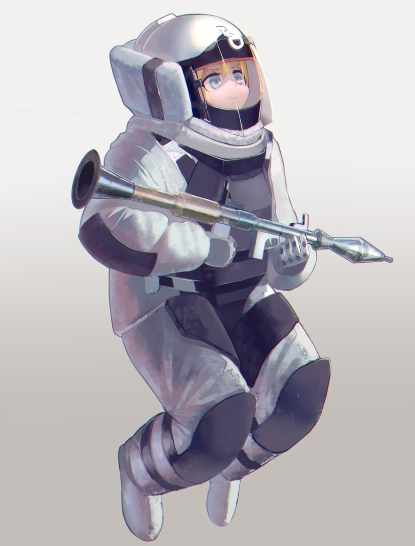 >:) armor bad_id bad_pixiv_id blonde_hair blue_eyes bomb_suit boots bulldozer_(payday) commentary gloves gradient_background helmet highres holding holding_weapon long_sleeves payday_(series) payday_2 rocket_launcher rpg-7 rpg_(weapon) smile solo uni_ponsuka v-shaped_eyebrows weapon