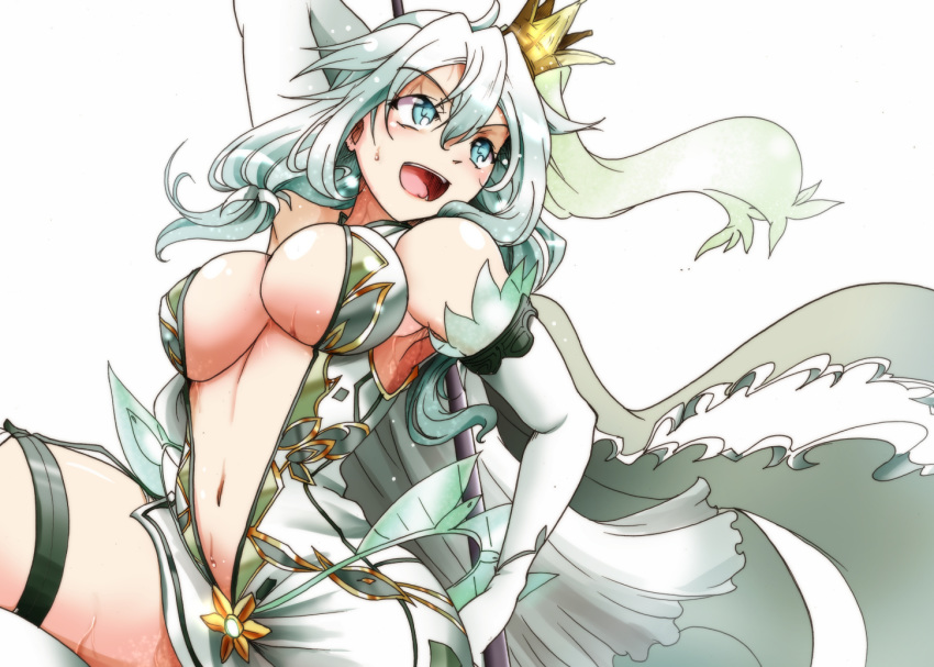 :d alternate_hair_color armpits blue_eyes breasts cleavage commentary_request cowboy_shot crown dress elbow_gloves eucharis_(flower_knight_girl) female flower_knight_girl gloves large_breasts long_hair looking_away mini_crown navel open_mouth revealing_clothes simple_background smile solo suga_leon twintails white_background white_dress white_gloves white_hair