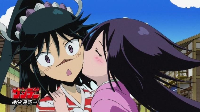 1boy :o black_hair blush cheek_kiss closed_eyes couple female hair_between_eyes head_tilt hug japanese_clothes kimono kissing looking_at_viewer mushibugyou oharu_(mushibugyou) open_mouth outdoors pink_kimono ponytail purple_eyes purple_hair scar straight surprised tsukishima_jinbei upper_body