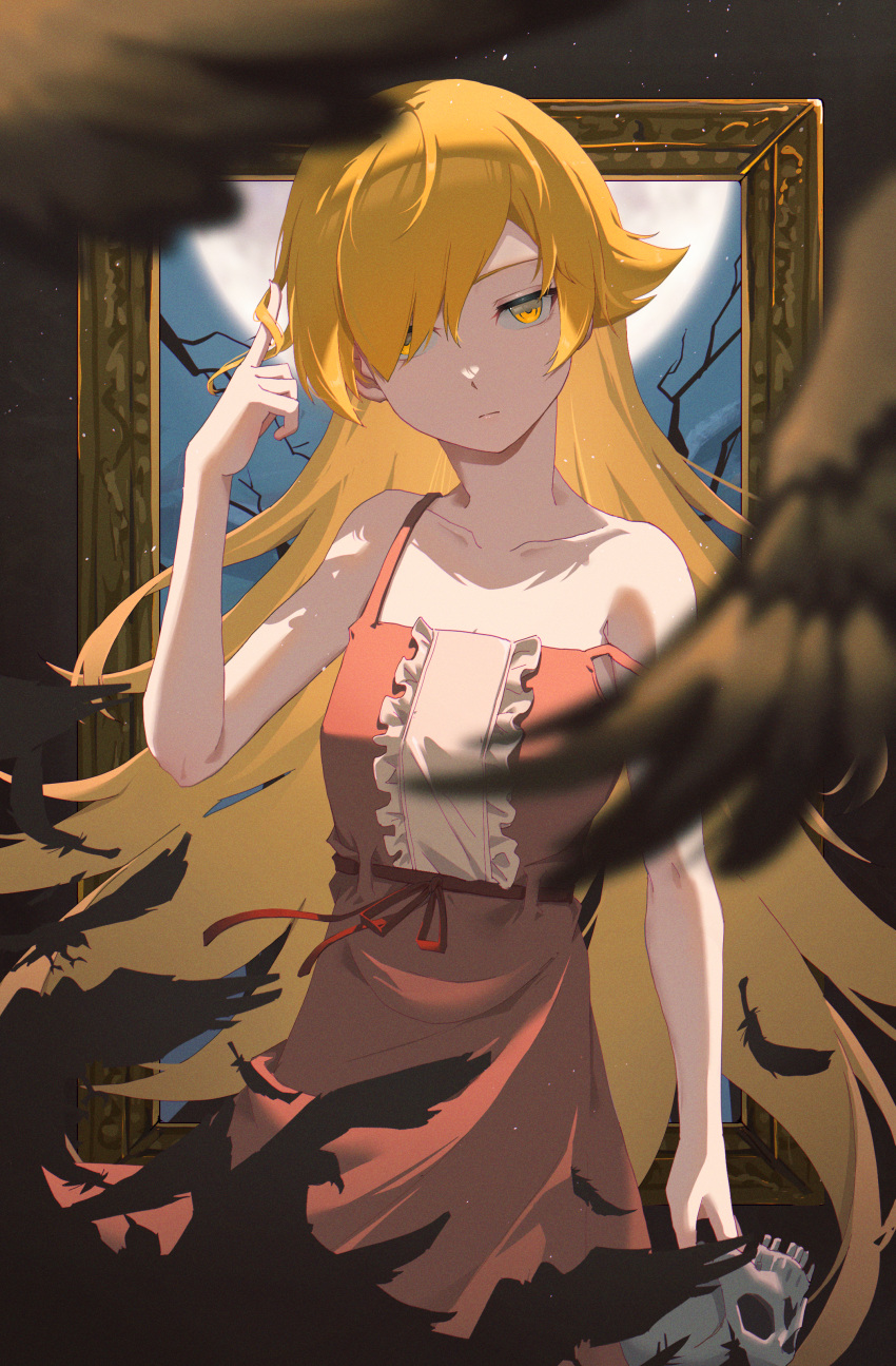 absurdres bird black_feathers blonde_hair blurry breasts closed_mouth collarbone cowboy_shot cross crow depth_of_field dress enoharatoki expressionless falling_feathers feathers female frilled_dress frills full_moon hair_over_one_eye hand_up head_tilt highres holding long_hair looking_at_viewer monogatari_(series) moon night night_sky off_shoulder oshino_shinobu painting_(object) playing_with_own_hair red_dress red_ribbon ribbon skull sky sleeveless sleeveless_dress small_breasts solo standing strap_slip swept_bangs very_long_hair weapon yellow_eyes