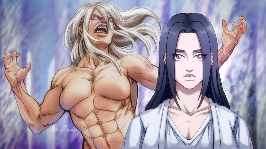 2girls abs adelheid_(moschiola) androgynous black_hair breasts collarbone commentary founding_titan frieda_reiss frown grey_hair highres long_hair medium_breasts multiple_girls muscular muscular_female purple_eyes shingeki_no_kyojin signature titan_(shingeki_no_kyojin)