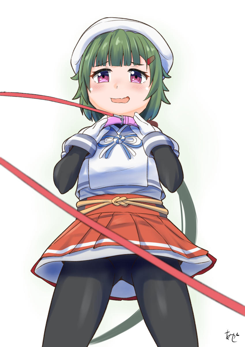 akashieru animal_collar arm_warmers ass_visible_through_thighs black_pantyhose blue_neckerchief blue_sailor_collar collar cowboy_shot from_below gloves green_hair hat highres kantai_collection leash low_ponytail neckerchief noumi_(kancolle) one-hour_drawing_challenge pantyhose pleated_skirt red_eyes red_skirt sailor_collar sailor_hat sailor_shirt school_uniform serafuku shirt simple_background skirt standing under_skirt undersuit upskirt white_background white_gloves white_hat white_shirt