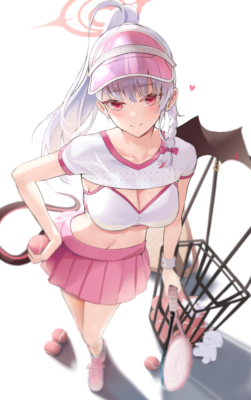 absurdres alternate_costume alternate_hairstyle ball black_tail black_wings blue_archive blush braid breasts closed_mouth clothes_lift crop_top demon_wings female from_above full_body grey_hair halo haruna_(blue_archive) heart highres holding holding_racket holding_tennis_racket looking_at_viewer midriff piercing racket red_eyes red_halo shirt shoes side_braids simple_background single_wing sion_(im10042m) smile sneakers solo sports_bra sportswear stuffed_toy tail tennis tennis_racket tennis_uniform visor_cap wing_piercing wings wristband