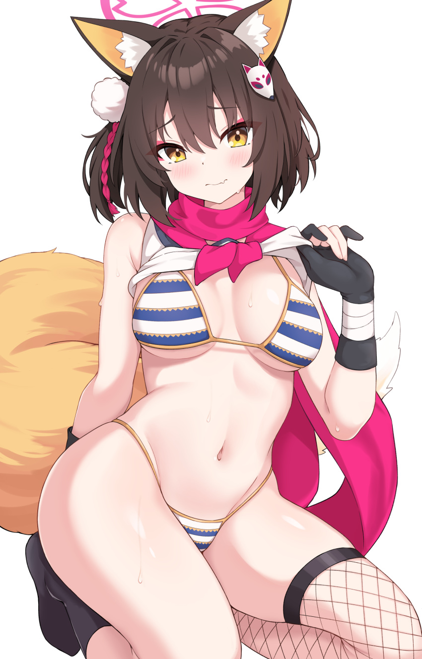 absurdres animal_ear_fluff animal_ears bikini bikini_under_clothes black_gloves black_hair blue_archive blush breasts closed_mouth clothes_lift commentary enru eyeshadow female fishnet_thighhighs fishnets fox_ears fox_girl fox_mask fox_tail gloves hair_between_eyes hair_ornament halo highres izuna_(blue_archive) izuna_(swimsuit)_(blue_archive) kneeling large_breasts looking_at_viewer makeup mask mask_on_head navel oerba_yun_fang one_side_up partially_fingerless_gloves pink_halo pom_pom_(clothes) pom_pom_hair_ornament red_eyeshadow red_scarf rope scarf shimenawa shirt shirt_lift short_hair simple_background single_thighhigh skin_fang skindentation solo stomach striped_bikini striped_clothes sweat swimsuit tail thighhighs thighs white_background white_shirt yellow_eyes