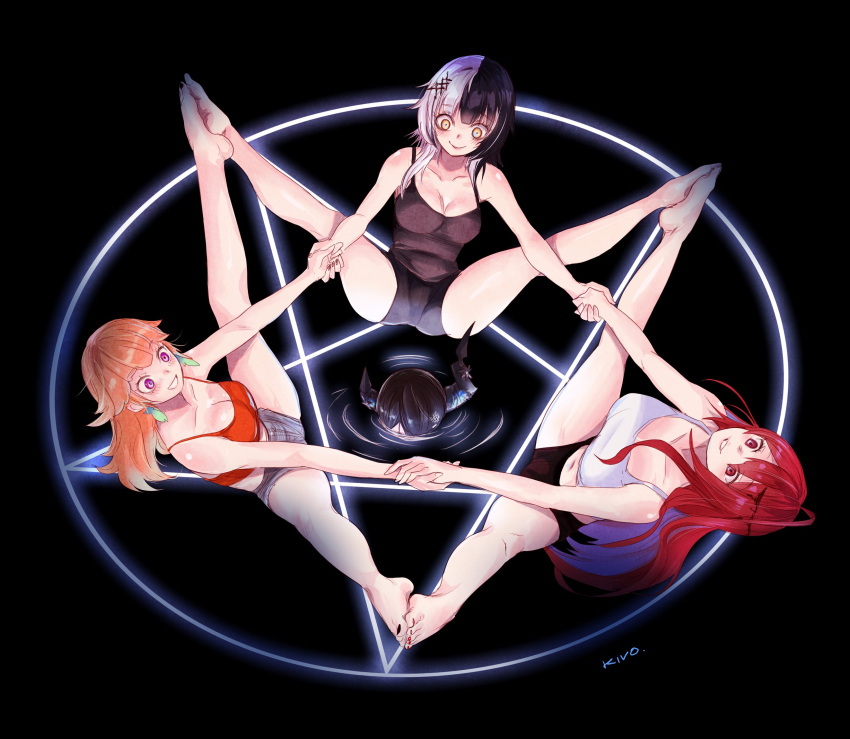 4girls ahoge bare_shoulders black_sports_bra blue_fire blue_hair breasts cameltoe cleavage colored_inner_hair elizabeth_rose_bloodflame fire flexible highres holding_hands hololive hololive_english huge_ahoge kivo long_hair medium_breasts meme multicolored_hair multiple_girls navel nerissa_ravencroft open_mouth red_eyes red_hair red_sports_bra shiori_novella shorts smile sports_bra spread_legs stretching takanashi_kiara virtual_youtuber wide_spread_legs