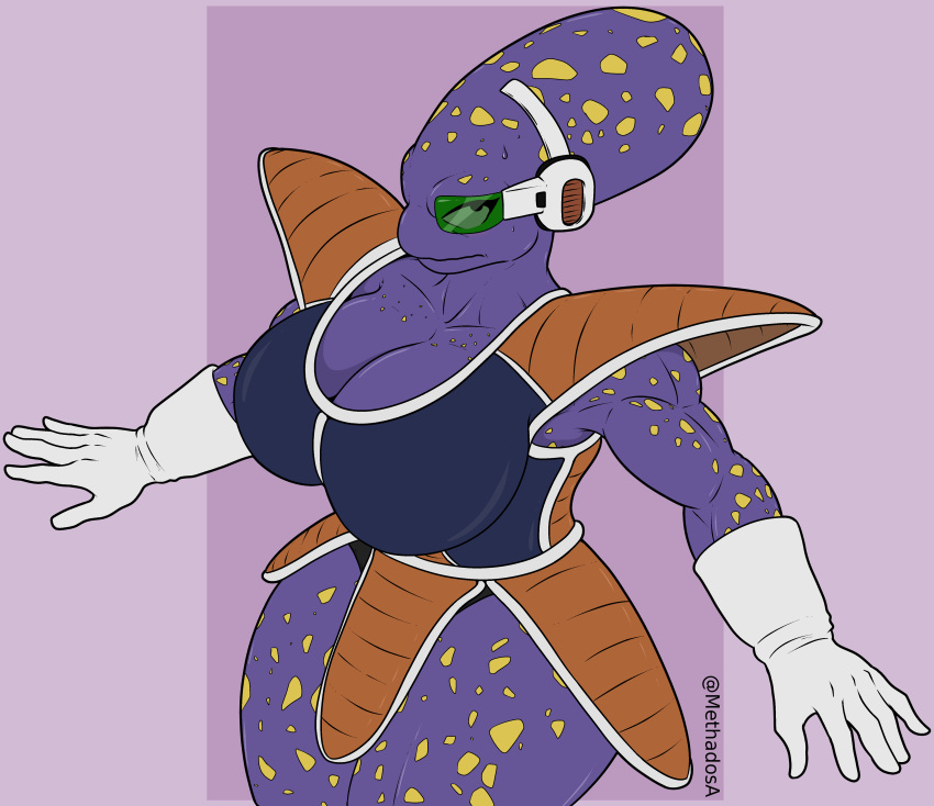 absurd_res alien appule big_breasts biped breasts cleavage clothed clothing dragon_ball dragon_ball_z female gloved_hands hi_res looking_at_viewer markings methados mtf_crossgender purple_background purple_body rule_63 simple_background solo spots spotted_body thick_thighs