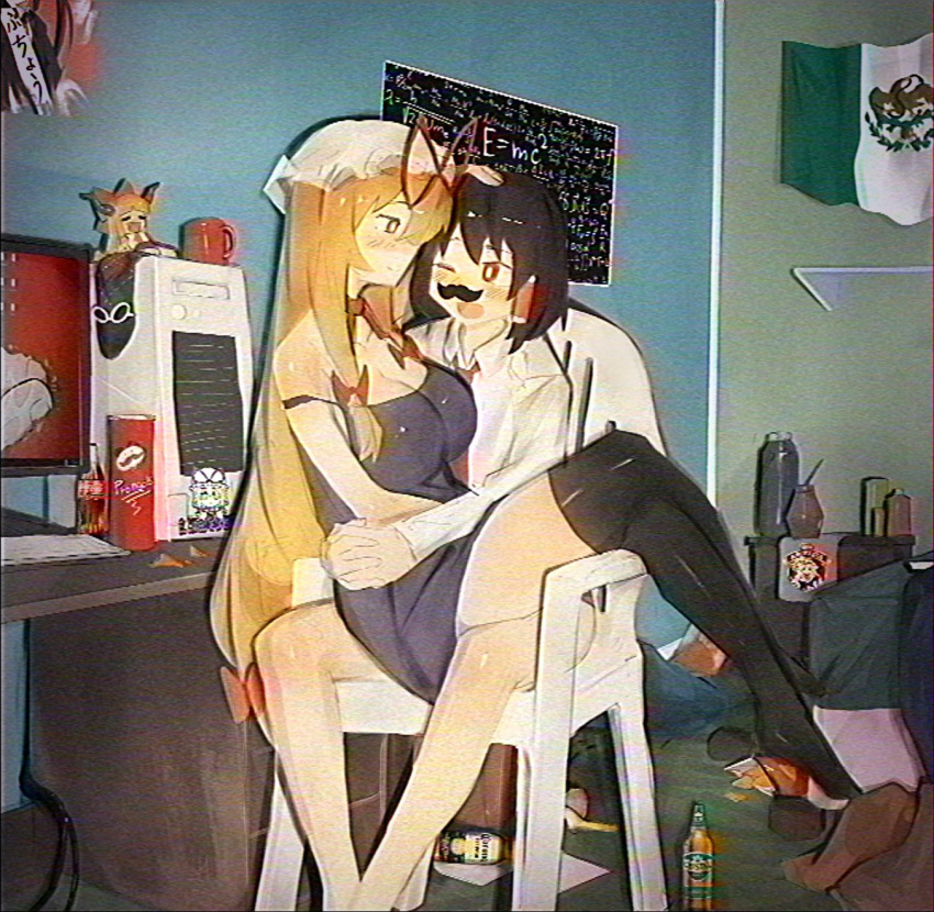 beer_bottle black_hair black_thighhighs blonde_hair breasts cleavage dress e=mc2_(equation) fake_facial_hair fake_mustache hakurei_reimu highres ibuki_suika large_breasts long_hair medium_hair messy_room mexican_flag necktie pringles_can purple_dress shirt sitting sitting_on_lap sitting_on_person thighhighs touhou very_long_hair white_shirt yakumo_yukari zhykyon