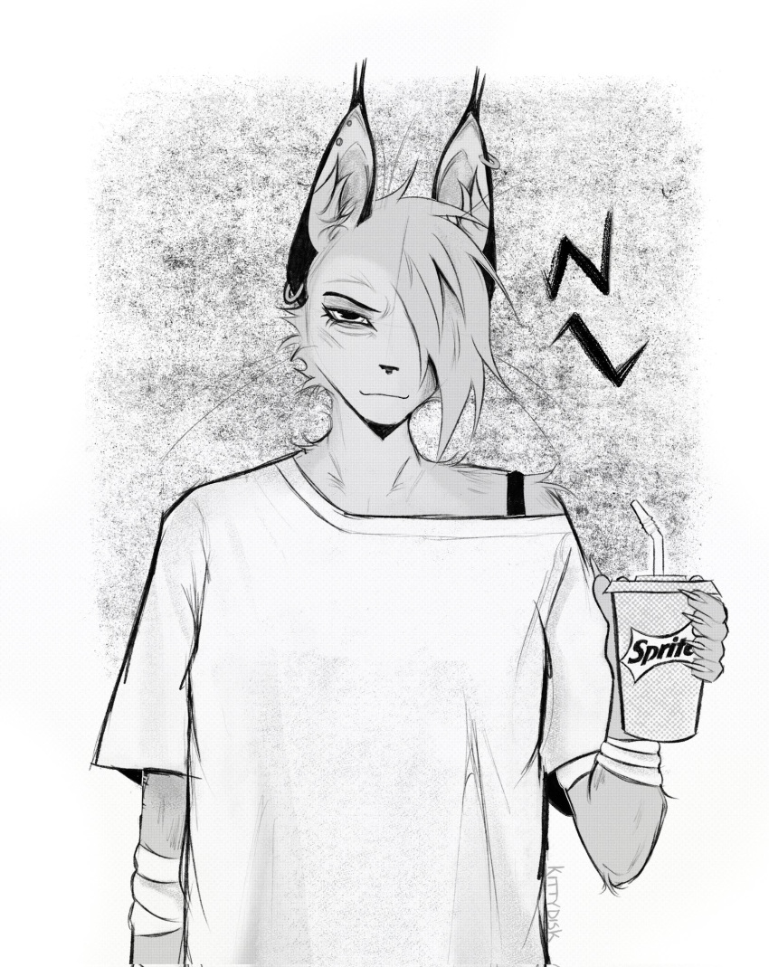 2023 anthro arm_tuft artist_name bandage bandaged_arm bendy_straw black_emanata black_text border bra bra_strap caracal caracal_(genus) cheek_tuft closed_smile clothed clothed_anthro clothed_female clothing container cup disposable_cup domestic_cat drinking_straw ear_piercing ear_ring ear_tuft ears_up eyebrows eyelashes facial_tuft felid feline felis female female_anthro front_view fur fur_tuft grey_background greyscale hair hair_over_eye half-length_portrait hi_res hybrid inner_ear_fluff kina_ricado kittydisk looking_at_viewer mammal monochrome mothership_(kittydisk) mouth_closed off_shoulder one_eye_obstructed piercing portrait prick_ears ring_piercing shoulder_tuft siamese signature simple_background smile solo sprite_(soda) straps stud_piercing text tomboy tuft underwear white_border