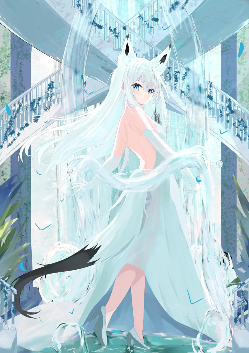 absurdres animal_ears azur_lane back bare_back blue_eyes closed_mouth commentary dress elbow_gloves female fox_ears fox_girl fox_tail from_behind full_body gloves high_heels highres kawakaze_(azur_lane) long_dress long_hair looking_at_viewer natsuki_(natsu_1936) smile solo standing strapless strapless_dress tail very_long_hair water white_dress white_footwear white_gloves white_hair