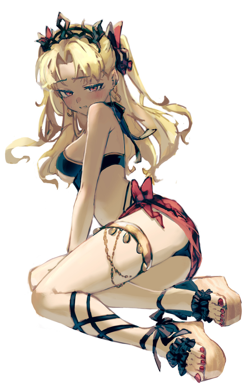 absurdres alternate_costume bikini black_bikini black_tiara blonde_hair blush breasts clenched_teeth commentary_request curtained_hair earrings ereshkigal_(fate) fate/grand_order fate_(series) female full_body highres jewelry long_hair medium_breasts mochi_upamo nail_polish platform_footwear red_eyes red_nails sandals sarong simple_background solo sweat swimsuit teeth thighlet tiara two_side_up white_background