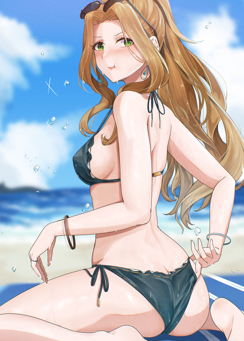 absurdres ass beach bikini black_bikini breasts brown_hair day earrings eyewear_on_head female green_eyes highres idolmaster idolmaster_million_live! izuminnu jewelry large_breasts long_hair looking_at_viewer looking_back nikaidou_chizuru ocean outdoors ponytail sand side-tie_bikini_bottom sideboob sitting solo sunglasses swimsuit wariza